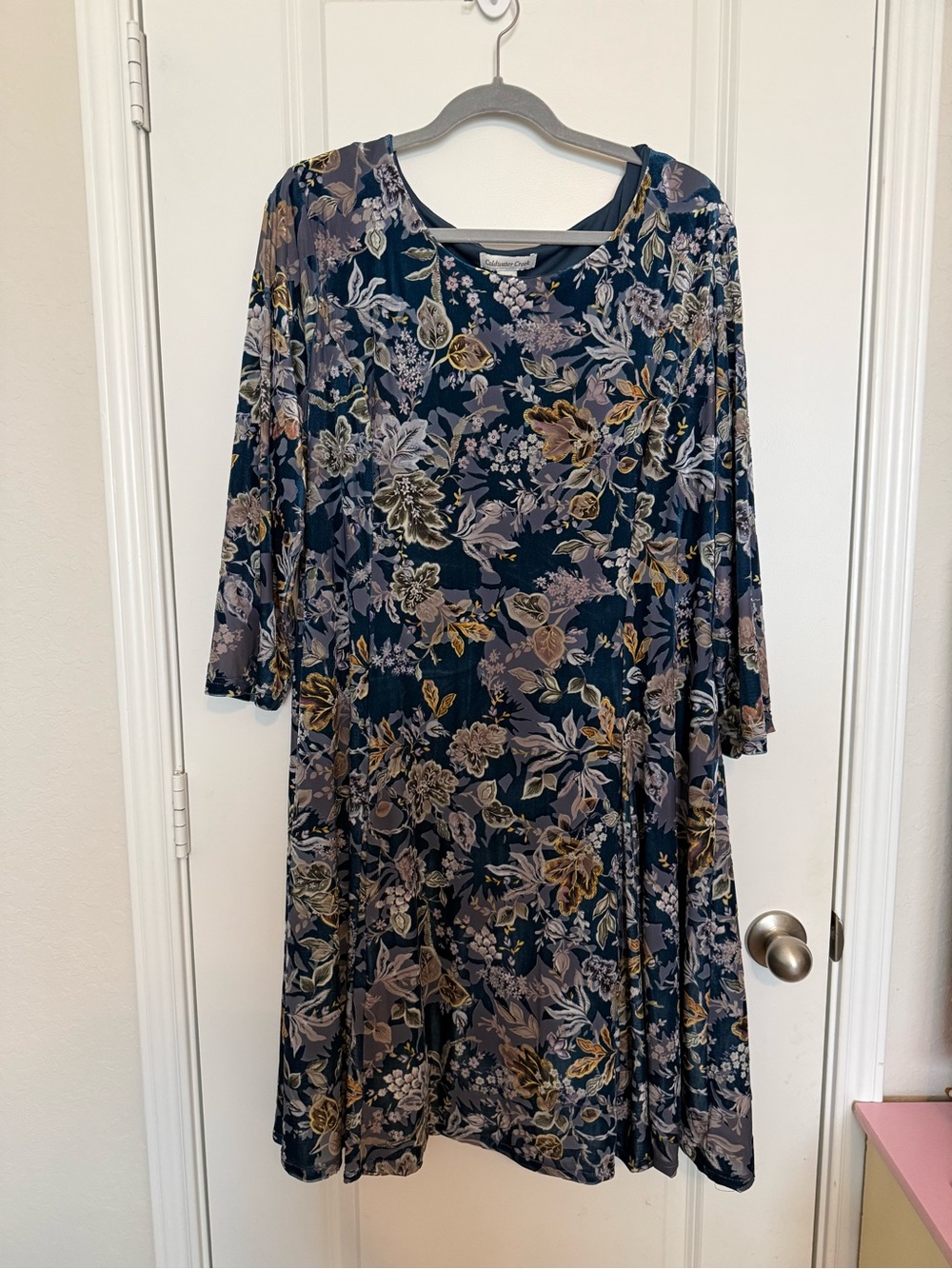 Coldwater Creek Blue Floral Print Stretch Velvet Dress